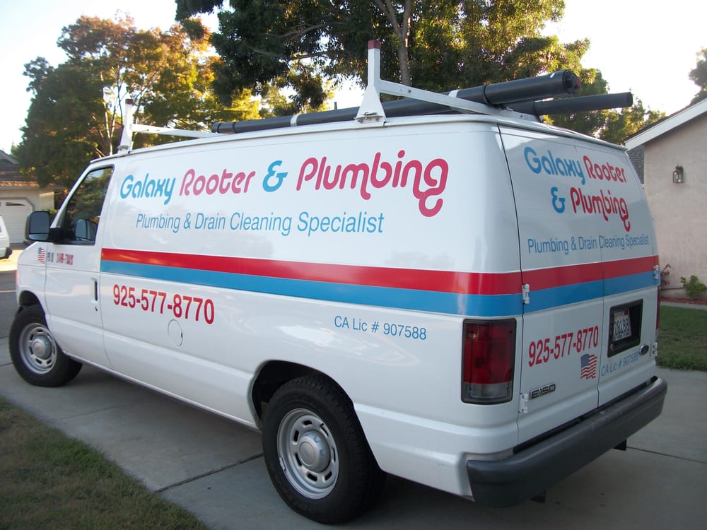 Galaxy Rooter & Plumbing service van at a Pleasanton home