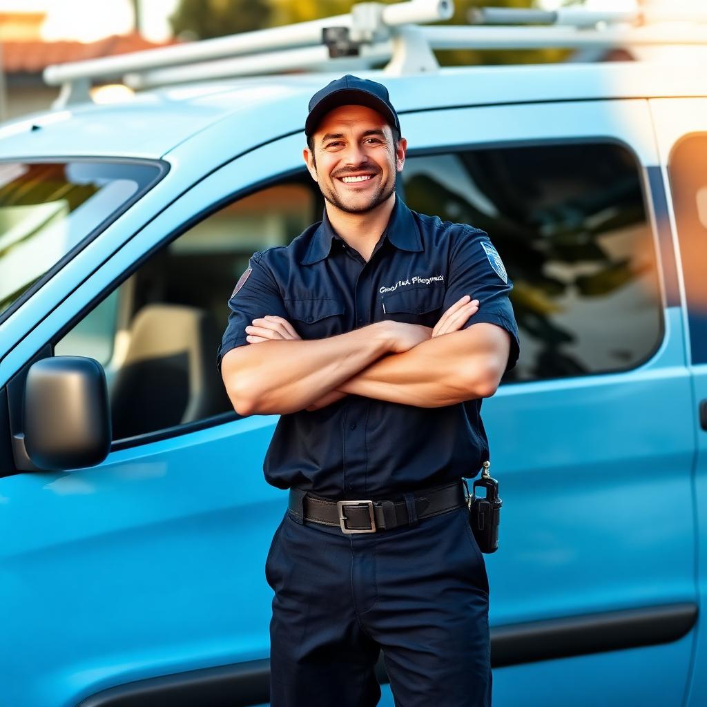 Professional plumbing technician standing beside a service van