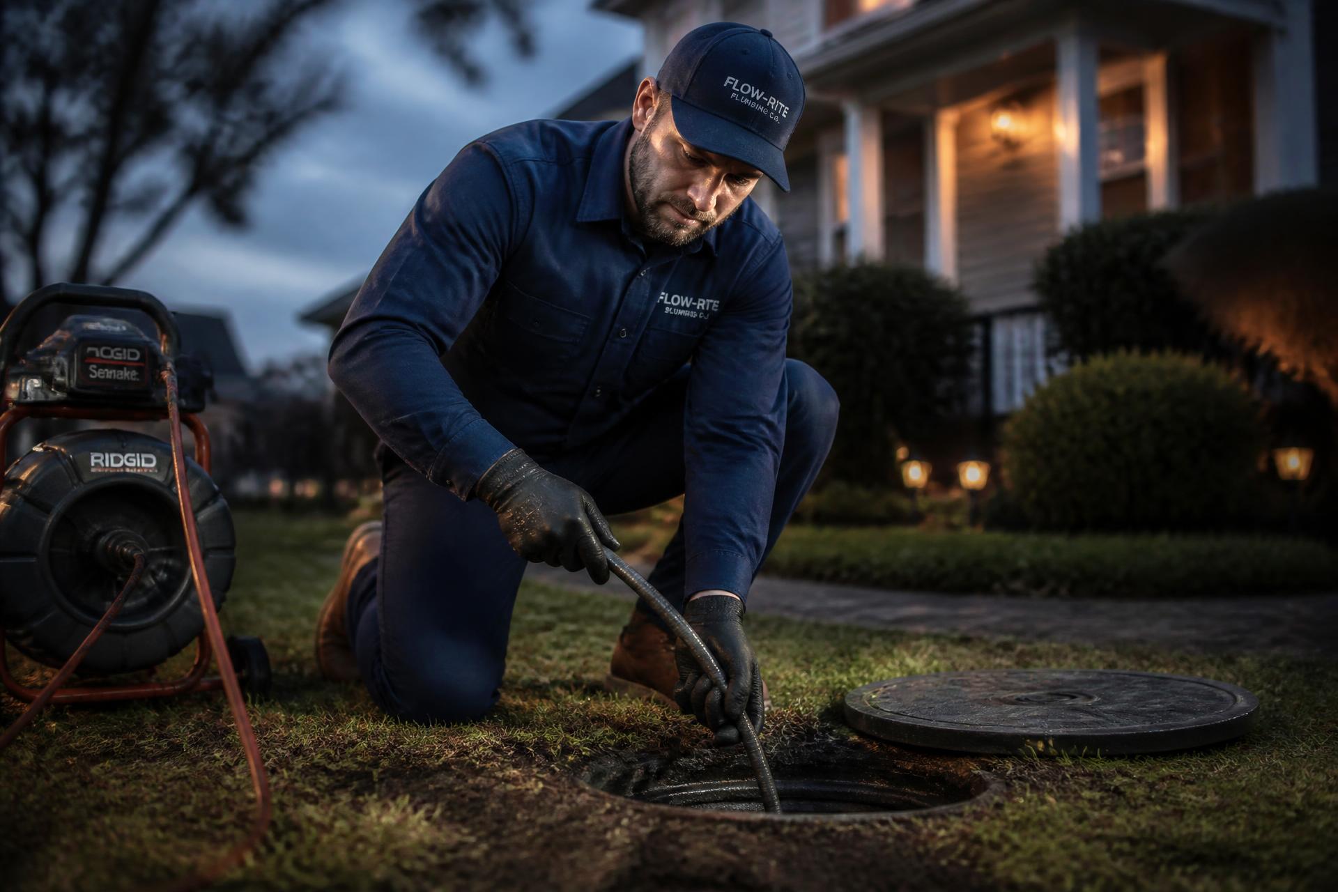 Professional plumber servicing a residential sewer line cleanout outside a home