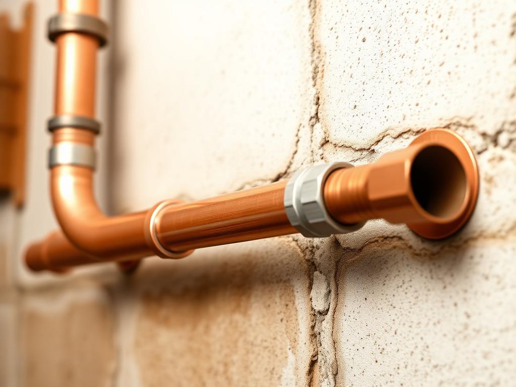 Copper plumbing pipe connection installed through a wall