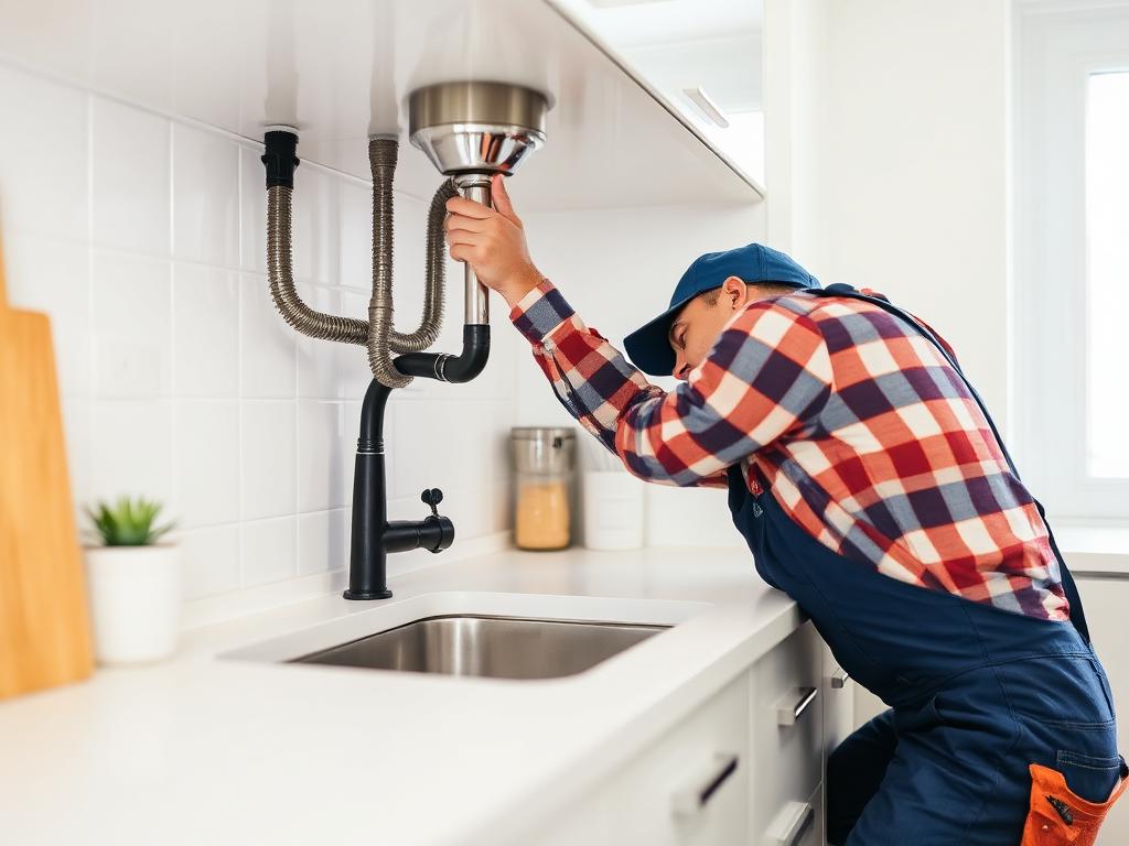Plumber repairing pipes beneath a modern kitchen sink