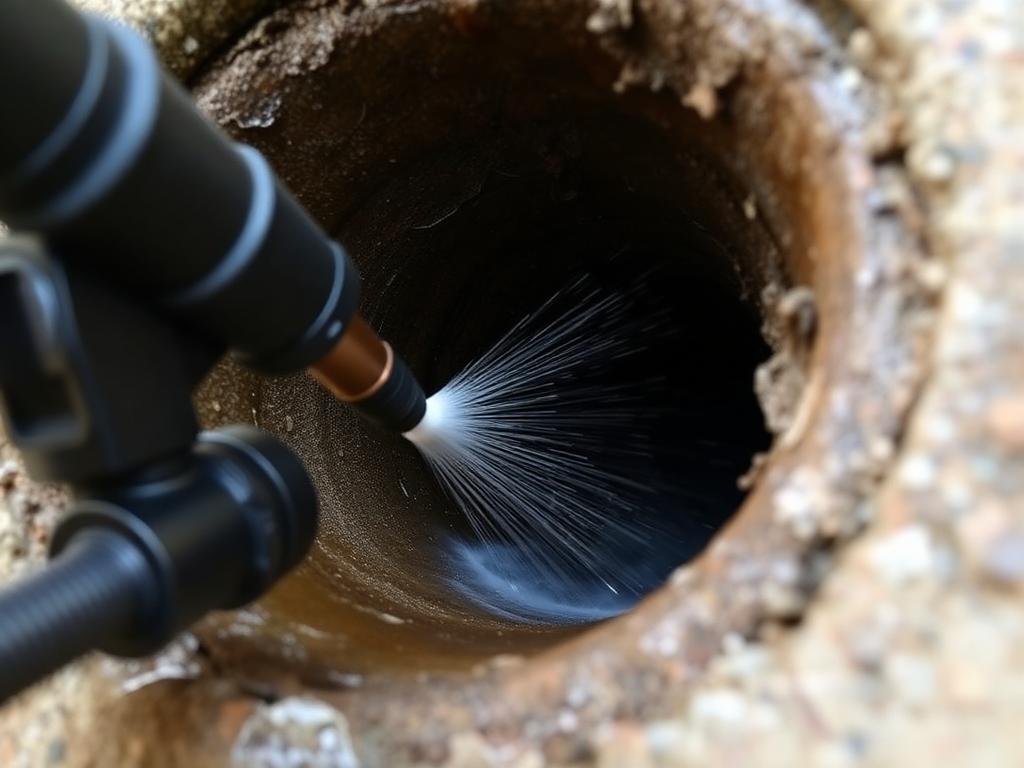 Drain cleaning nozzle clearing a residential sewer cleanout line