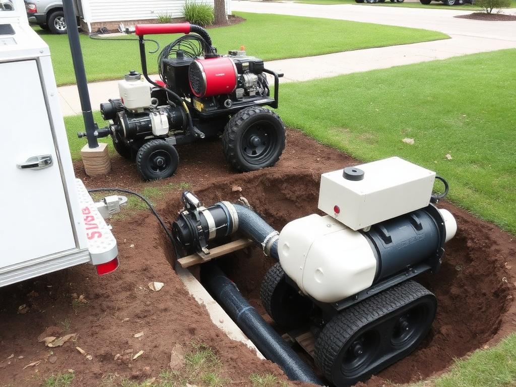 Trenchless plumbing equipment set up at a small access pit on a lawn